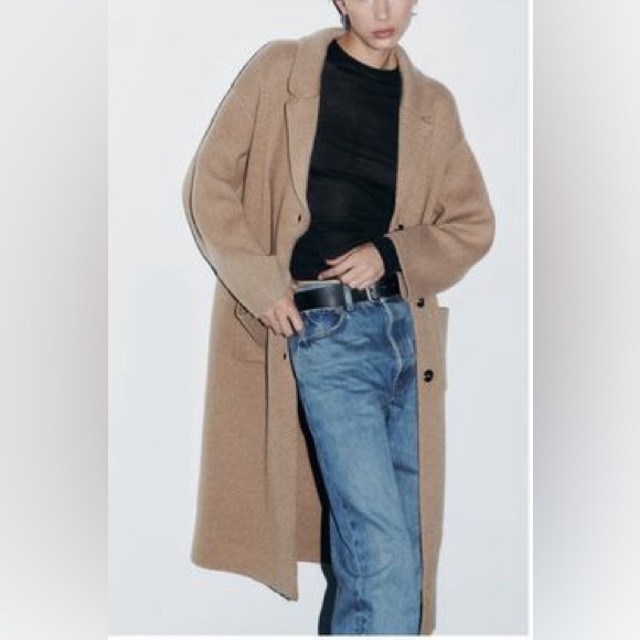 Zara textured long knit coat Taupe/ brown NWT - Picture 3 of 8